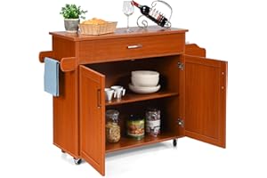 GIANTEX Carrello da Cucina, Credenza Mobile con Cassetto, Anta Doppia, Portaspezie e Portasciugamano, Ripiani Regolabili, Ruote con Freni, Portata di 50 kg, 116x40x85 cm, 4 Colori (marrone)