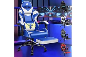 ALFORDSON Fotel do gier, ergonomiczne krzesło biurowe, krzesło do biegania do masażu, chowany podnóżek, skóra PU, regulowana wysokość i odchylanie, pojemność 180 kg, biało-niebieski