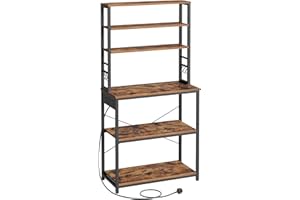 VASAGLE Baker's Rack with Power Outlet, Coffee Bar for Kitchen with Storage, 6-Tier Kitchen Shelves with 6 Hooks, Microwave Stand, 40 x 80 x 167 cm, Rustic Brown and Ink Black KKS119K03