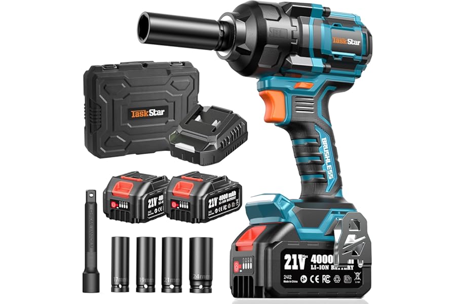 TaskStar Cordless Impact Wrench, 1200N·m(900ft-lbs) Brushless High Torque Impact Gun, 1/2 Inch Electric Impact Driver, 2x4.0Ah Batteries, Charger & 4 Sockets, Variable Speeds for Car/Truck RV/Mower