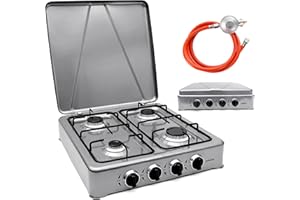 HOMELUX Réchaud à gaz 6,2 kW pour bouteille de gaz, 4 brûleurs, avec tuyau de gaz de 150 cm, plaque de cuisson avec couvercle, cuisinière à gaz d'extérieur (gris)