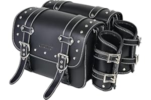 QJBOMTO High-Density Leather Motorcycle Saddebags- Throw Over Saddle Bags,Panniers Side Bags with Cup Holder,Harley Sportster Waterproof, Side Tool Bag,Storage Tool Bag for Motorbike,Universal,1 Pair,Black