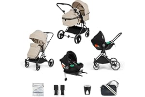 Ickle Bubba Atom 9 Piece Travel System with i-Size Cirrus Car Seat & ISOFIX Base – R129 Safety Standard, Side Impact Protection, Compact Fold Pushchair from Birth to 22kg (Stone)