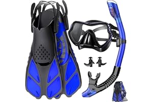 LPQKCCY Masque Plongée Adulte, Masque de plongée avec Vue panoramique à 180°, Masque de plongée Anti-buée et étanche, avec lentille en Verre trempé, Tuba Dry Top, Palmes Ajustables