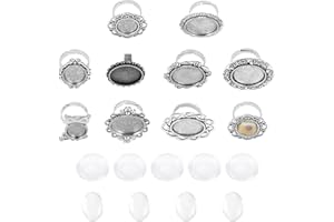SUNNYCLUE 1 Bolsa 11 Piezas Plata Antigua Ajustable Cabujón En Blanco Ajustes de Anillo Kits de Fabricación de Anillos de Dedo con 11 Piezas de Cabujones de Vidrio para Principiantes Manualidades