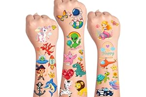 AIRNOGO Tatuajes Temporales Niños 300+ Color Tatuajes Temporales para Niño Niña Incluyen Extraterrestre Dinosaurios Animal Unicornios Sirena Mariposas Pirata Coche Arcoíris Animales Marinos Corazon etc