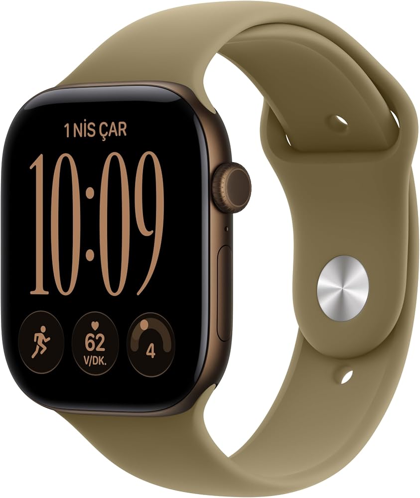 Apple Watch Series 12 GPS 46 mm Koyu Bronz Alüminyum Kasa | Akıllı Saat ve Klasik Zeytin Yeşili Spor Kordon - M/L. Uyku Skoru, Fitness Takibi, Sağlık İzleme, Hep Açık Ekran