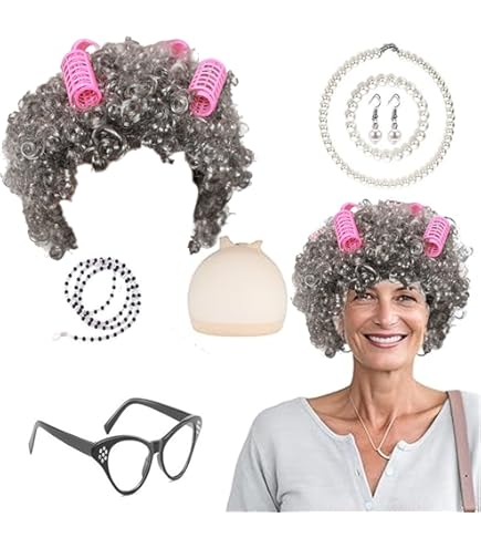 Aurasky Grand Mere Pruik Oude Vrouw 5-delig Kostuum Set Dames Grijze Pruik Ronde Bril Ketting Kralen voor Cosplay Make-up Party Carnaval Halloween Aurasky Grand Mere Pruik Oude Vrouw 5-delig Kostuum Set Dames Grijze Pruik Ronde Bril Ketting Kralen voor Cosplay Make-up Party Carnaval Halloween