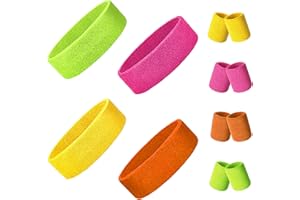 KDUH Serre Poignet Fluo Annees 80 12 Pièces Set 8 Pièces Bracelet Fluo 4 Pièces Bandeau Fluo Rétro Accessoires de Fête pour Femmes Hommes 4 Couleurs Rose Vert Orange Jaune Bracelet Fluo Bandeau Fluo