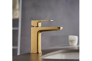 KINGBATH™ Single Lever Mini Mono Basin Mixer Tap with Click Clack Sprung Waste Bathroom Sink Hot and Cold Faucet Solid Brass Modern Brushed Brass Gold Easy to Fit/Install