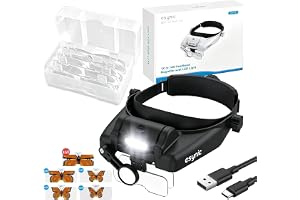 eSynic Pannbandsförstoringsglas professionellt 1 x till 14 x huvudförstoringsglas med ljusuppladdningsbart headset förstoringsglasögon med 3 LED-lampor och 5 avtagbara linser för läsning