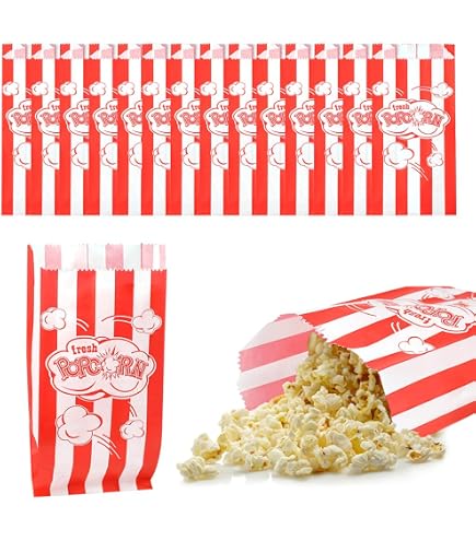 Trimming Shop Sacchetti per Popcorn – Confezione da 10 Sacchetti di Carta Kraft a Righe Rosse e Bianche per Serate cinematografiche in Famiglia