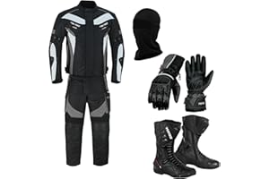 PROFIRST A Full Set of Waterproof Motorbike Motorcycle Suit 2 Piece Moped gears in Cordura Fabric and CE Approved Armours |Jacket + Trouser + High Ankle Boots + Gloves + Balaclava | Racing Touring Events