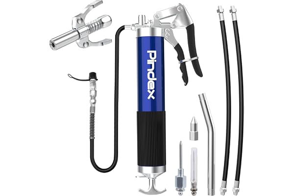 Pindex Pistolet Graisseur Pompe à Graisse Manuelle avec Raccord de Pistolet à Graisse,1 Aiguille de Graissage,1 Aiguille d'Injecteur de Graisse, 2 Tuyau Flexible de 45cm pour Cartouche de 400g