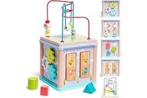 SIAIRO Kostka motoryczna dla dzieci od 1 roku życia 5 w 1, zabawka motoryczna Montessori, zabawka motoryczna dla dzieci, drewniana zabawka do ćwiczeń, zabawka edukacyjna dla 1, 2, 3, 4 lat