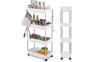 ‎WOPEITE Wopeite Küchenwagen mit 4 Ebenen, Küchenregal, Nischenregal auf Rollen, Rollwagen, nischenregal 22 cm breit, Aufbewahrungsregal für Küche, Büro, Bad, Waschküche, Kunststoff 40 x 22 x 86 cm (Weiß)