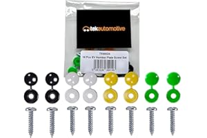 Tek Automotive Number Plate Screws and Caps Set 16 Pcs with Black White Yellow Green Screw Caps and 8 Self Tapping Screws | Number Plate Fixing Kit for Car Registration Plates and EV Electric Vehicles