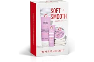 First Aid Beauty - Soft & Smooth Starter Kit, KP Bump Eraser Body Scrub with 10% AHA, 114 g, KP Smoothing Body Lotion with 10% AHA (Fresh Peach), 189.9 g, & Ingrown Hair Pads with BHA + AHA, 28 ct