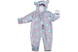 Hoppediz Baby Overall aus Fleece, extra lange Beine - perfekt für die Babytrage, Umschlagbündchen an Händen und Füßen - grau-türkis 56-62