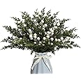 30 Pcs Artificial Pine Branches with Berry Stems,10.5" Faux Evergreen Pine Picks Fake Greenery Foliage Sprigs Cypress Leaves Stems for Christmas Wreath DIY Vase Filler Home Decoration (White)