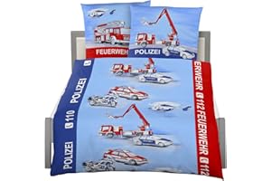 JHEPPBAY IDO Kinder Fein-Biber Bettwäsche 2tlg. Blau Feuerwehr Polizei Bettbezug Baumwolle 80 x 80 / 135 x 200 cm**