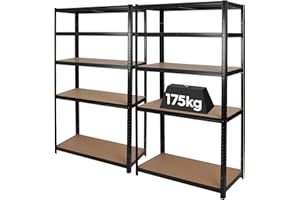 Harbour Housewares 5-Tier Steel Garage Shelving Units Set - Matt Black - 2pc Heavy Duty Free Standing Industrial Shed Storage Racking Shelves | Boltless Assembly | 875kg Capacity | 90 x 40 x 180cm