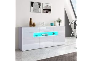 Senvoziii Sideboard Kommode 3 Türen 5 Schubladen mit LED Vitrine Wohnzimmer Hochglanz Buffetschrank Anrichte für Küche Esszimmer Wohnzimmer Weiß