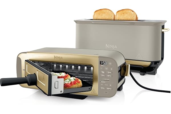 Ninja Foodi 3-en-1, Grille-Pain, Grill et Presse-panini, 7 Fonctions de Cuisson, inclut un Presse-panini, un Plateau de Cuisson et un Bac à Miettes, Stone/or, ST202EUSTGD