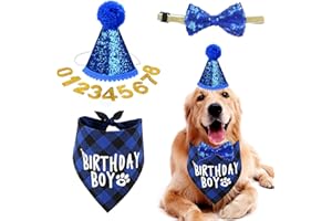 FANTASYON Dog Birthday Hat and Bandana Set, Reusable Dog Party Hat with Bow Tie Collar and Gold Number for Pet Cat Birthday Party Decorations (Blue)