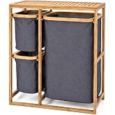 Bambu &Ccedil;er&ccedil;eveli 3 B&ouml;lmeli &Ccedil;amaşır Sepeti, Raflı, Gri Kumaş Torbalı 70X50cm Yer Kaplamaz Yıkanabilir Kumaş Organik Sağlam Tasa