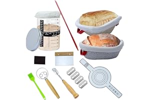 LNOPEVER Banetones Para Pan Traje De PanaderíA, 11PCS Traje De Pan Fermentado De Agrio, Con 2 Cestas Fermentadas, Cuchillo De Con 5 Cuchillas, Cepillo, EspáTula Y Funda De Lino