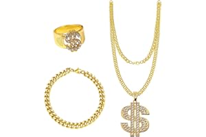 Xumann 3pcs Gold Chain Fancy Dress for Rapper,Hip Hop Costume for Rapper Women Men,Dollar Sign Necklace Accessories