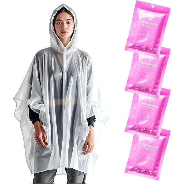 Poncho Pluie Imperméable Jetable Pack De 4 - Cape De Pluie Avec Capuche Pink Mist Pour Festival Et Randonnée