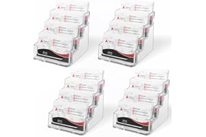 DMFLY 4 Pack Business Card Holder Desk - Acrylic Business Card Holder Display Clear Business Card Stand 640 Card Capacity, 4 Tier Plastic Desktop Business Card Holders for Exhibition, Home & Office