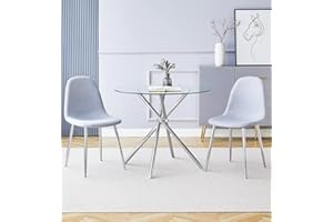 Hallowood Furniture Cullompton Small Glass Dining Table and Chairs Set 2, Round Dining Table (90cm) and Grey Fabric Chairs, Kitchen Table and Chairs, Dining Room Sets for Home and Cafe