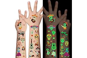 AWINMAY Day of the Dead Luminous Temporary Tattoos for Kids - 10 Sheets Glow In The Dark Tattoo Stickers for Boys and Girls,Sugar,Skeletons,Gemstones,Red Roses Face Makeup Tattoos Set,Holiday Party Gifts