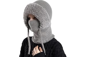 ANTUK 3 in 1 Beanie Hat for Women, Sherpa Hood Ski Mask, Fall Winter Warm Knitted Windproof Balaclava Scarf with Face Cover for Outdoor Skiing Hiking
