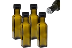 mikken Lot de 4 bouteilles d'huile de 100 ml avec bec verseur, vert/marron, distributeur d'huile avec étiquettes