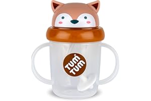 TUM TUM Tasse avec paille lestée, Tasse anti-fuite, Tasse d’Apprentissage pour Bébé, Couvercle Rabattable, Paille en Silicone (Fergus le Renard 200ml)