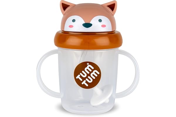 TUM TUM Tasse avec paille lestée, Tasse anti-fuite, Tasse d’Apprentissage pour Bébé, Couvercle Rabattable, Paille en Silicone (Fergus le Renard 200ml)