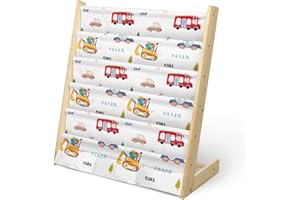 wooshwa Wooden Sling Children's Bookshelf 5 Tier Toy and Book Storage Organizer 3 Pockets Kids Bookcase with Deep Sleeves for Baby Playroom Nursery Bedroom (Vehicle)