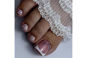 CEBOIC 24 szt. francuskie paznokcie do wciskania u stóp, kwadratowe, sztuczne paznokcie, krótkie, akrylowe, różowe, brokatowe, przyklejane do paznokci u stóp, białe linie, błyszczące sztuczne paznokcie na