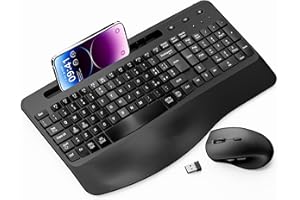 Tastiera e Mouse Wireless Ergonomici, Moojay 2.4G Ricaricabile Full-Size Quiet Wave Tastiera Silenziosa Mouse Set con Poggiapolsi e Supporto per Telefono per Computer/Laptop/PC/Mac/Windows - Nero
