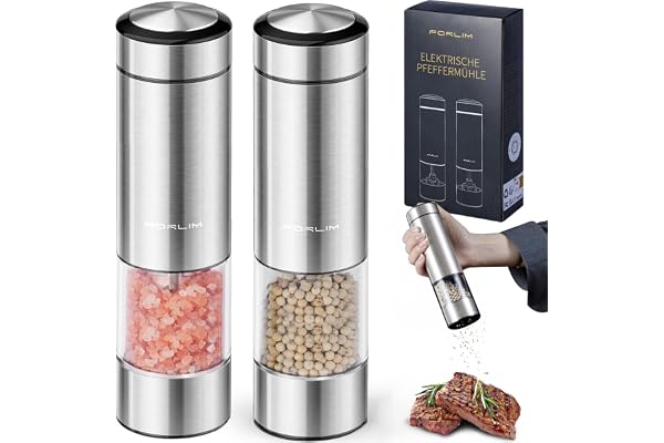 FORLIM Moulin à poivre et à sel électrique,Fonctionnement sur Piles AAA, broyage grossier réglable avec led, moulin sel poivre en Acier inoxydable, lame en céramique, 2 Pièces(Argent)