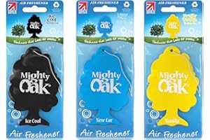 Mighty Oak Air Freshener Triple Pack – Ice Cool, New Car, Vanilla Fragrance - Long Lasting Hanging Car Deodoriser – Odour Eliminator Air Freshener – Auto Accessories – Made in UK - 3 Pack