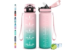 GRSTA Gourde, Gourde 1l, Anti-Fuite, Gourdes Sport avec Paille, Gourdes Reutilisable avec Slogan de Motivation, Facile à Transporter, Bouteille d'eau pour Fitness, Cyclisme, Voyage, Yoga