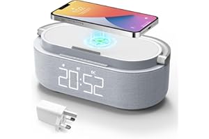 COLSUR Bluetooth Speaker with Radio, 15W Fast Wireless Charger, FM Radio, Bedside Night Light for Heavy Sleepers, Snooze, Dimmable LED Display, 2500mAh Battery USB Charging Port