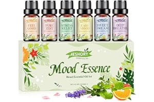 AESHORY Mood Essence zestaw olejków eterycznych 6 x 10 ml, naturalny olejek eteryczny do aromaterapii SPA, nawilżacz - łagodzenie stresu, słodki sen, dobre samopoczucie, głęboki oddech