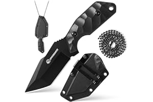 SPITZKANTE Cuchillo para cuello X-TAN-K, hoja tanto de 7,8 cm en acero 5Cr14MoV, cuchillo EDC fijo al aire libre, con fuerza ABS, cadena a esferas.