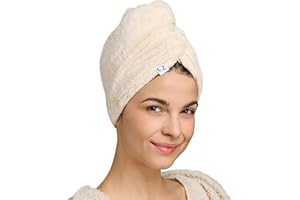 Qupro Haarturban – Turban Handtuch mit Knopf & Gummiloop | Innen vegane Seide (Bemberg™ Cupro), außen Baumwolle mit Bambus-Anteil | Lockenfreundlich, Curly-Girl geeignet